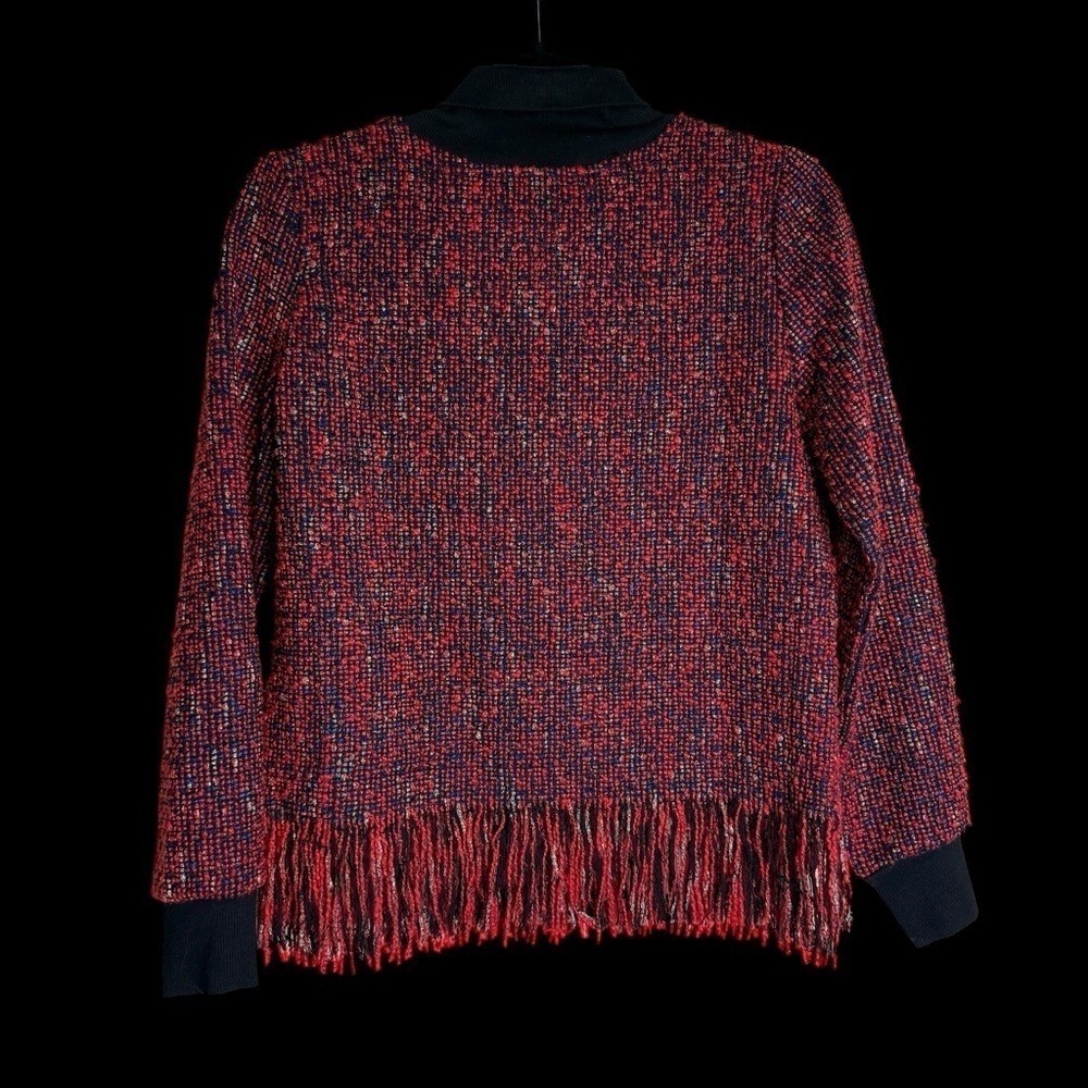 The Collective Tweed Red Black Metallic Mock Neck Long Sleeve Fringe Hem Top - Picture 13 of 14